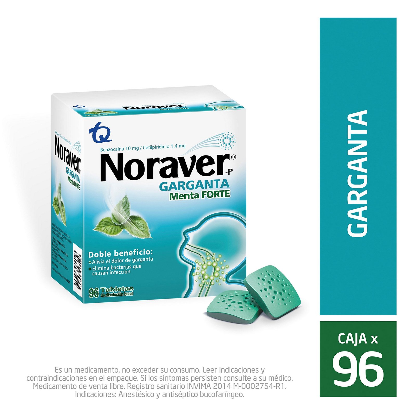 Noraver-P Garganta Menta Forte 96 Tabletas